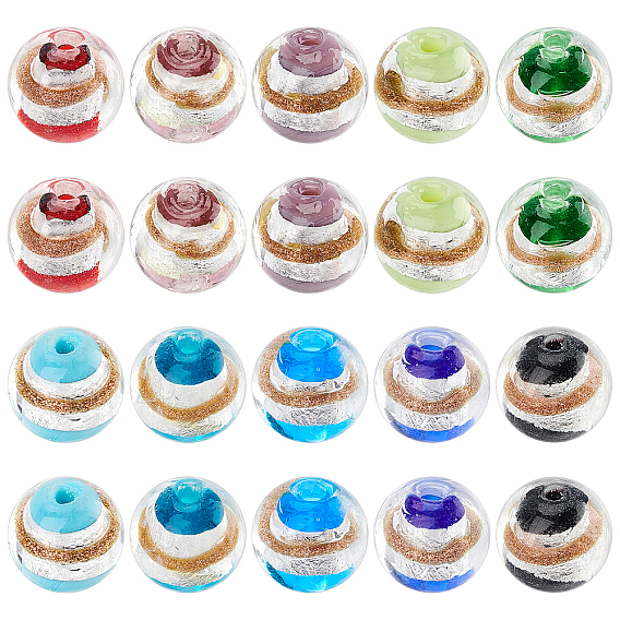 20Pcs 10 Color Handmade Silver Foil Lampwork Beads, with Gold Sand, Round