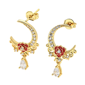 Moon & Rose Brass Micro Pave Cubic Zirconia Dangle Stud Earrings, with Red Enamel, Long-Lasting Plated, Cadmium Free & Lead Free