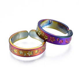 304 anneau de manchette lune et étoile en acier inoxydable, bague ouverte couleur arc-en-ciel pour femme