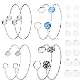 8 Stück 4 Stile 304 Armreifrohlinge aus Edelstahl mit flacher, runder Ablage, 16Stk 4 Stil transparente Glascabochons