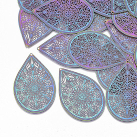 Ion Plating(IP) 304 Stainless Steel Filigree Pendants, for DIY Jewelry Making, Etched Metal Embellishments, Teardrop