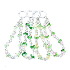 Porte-clés pendentif en perles de verre transparent tulipe, avec anneaux à ressort en alliage et perles de verre