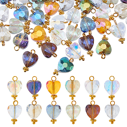 120шт 12 цвета подвески из гальванического стекла, сердце, с золотой латунной петлей, граненые