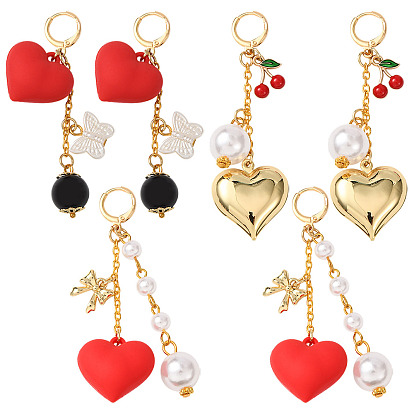6piezas 3estilos decoraciones colgantes de aleación de corazón, Con colgantes de imitación de perlas y aleación de acrílico y plástico ABS y accesorios para pendientes de aro de latón.