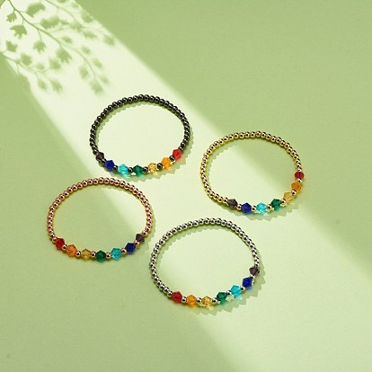 4Pcs 4 Color Glass Bicone & Brass Round Beaded Stretch Bracelets Set for Women