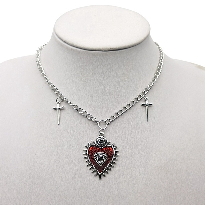 Halloween Themed Enamel Heart with Dagger Pendant Necklace, Alloy Jewelry for Women