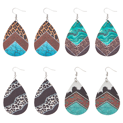 4 пары 4 стили кожаные серьги-подвески, слеза