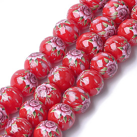 Printed & Spray Painted Glass Beads, Round with Flower Pattern