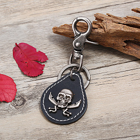 Leather Skull Keychains, with Alloy Clasps, Teardrop