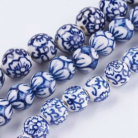 Perles de porcelaine bleue et blanche à la main, motifs mixtes, ronde