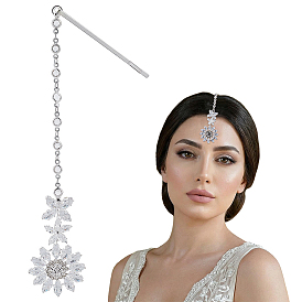 Brass Hair Bobby Pins with Crystal Rhinestone Flower Indian Forehead Chains, Clear Cubic Zirconia Bridal Headpiece