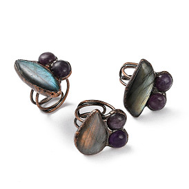 Horse Eye & Round Natural Amethyst & Labradorite Adjustable Rings, Red Copper Tone Brass Ring for Women
