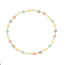  Enamel Flower Link Chains Necklace, Golden Plated 201 Stainless Steel Jewelry for Women