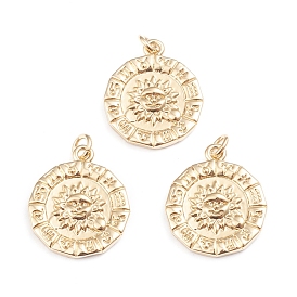 Brass Pendants, with Jump Rings, Long-Lasting Plated, Flat Round with 12 Constellation/Zodiac Sign & Sun