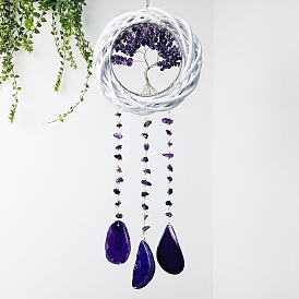 Rattan & Natural Amethyst Chips Flat Round with Tree of Life Pendant Decorations. Wind Chime, with Agate Piece
