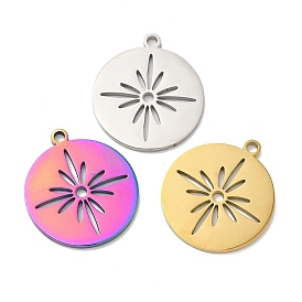Ion Plating(IP) 304 Stainless Steel Pendants, Flat Round with Flower Charm
