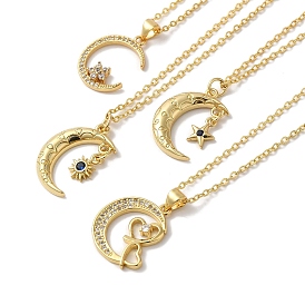 Golden Brass Crescent Moon Pendant Necklace with Rhinestone