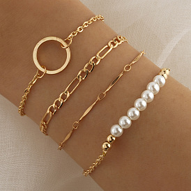 Chic Pearl and Bone Circle Handmade Bracelet Set for Women - 4 Piece Collection