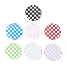 Transparent Acrylic Disc Pendants, Flat Round with Tartan Pattern