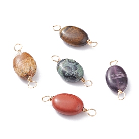 Natural Mixed Stone Links Connectors, with Real 18K Gold Plated Eco-Friendly Copper Wire, Oval