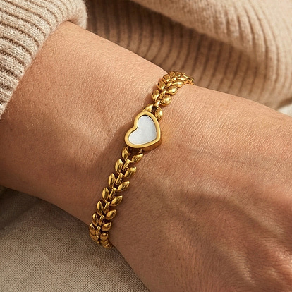 304 Браслеты из нержавеющей стали и натуральной ракушки, Браслеты-цепочки из пшеничных звеньев для женщин, сердце