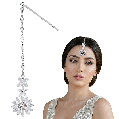 Brass Hair Bobby Pins with Crystal Rhinestone Flower Indian Forehead Chains, Clear Cubic Zirconia Bridal Headpiece
