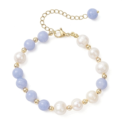 Браслеты из натуральных бусин голубого кружевного агата и культивированного пресноводного жемчуга с круглыми бусинами для женщин, с латунной бисера