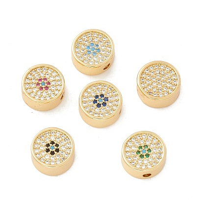 Rack Plating Eco-Friendly Brass Beads, Micro Pave Mixed Color Cubic Zirconia, Long-Lasting Plated, Cadmium Free & Lead Free, Flat Round