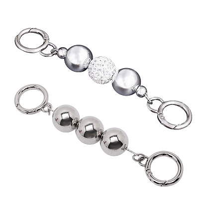 2 piezas 2 estilos extensores de cadena para correa de bolso, cuentas de hierro y cuentas de diamantes de imitación de arcilla polimérica y anillo de puerta de resorte, para accesorios de reemplazo de correas de bolsa