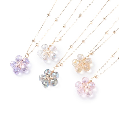 Collier pendentif fleur en perles de verre avec chaîne satellite, collier en fil de laiton pour femme