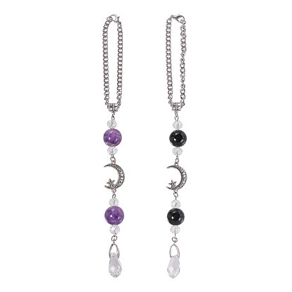 2 шт. натуральный черный оникс и аметист и стекло подвеска для автомобильного зеркала заднего вида, с 304 цепями из нержавеющей стали