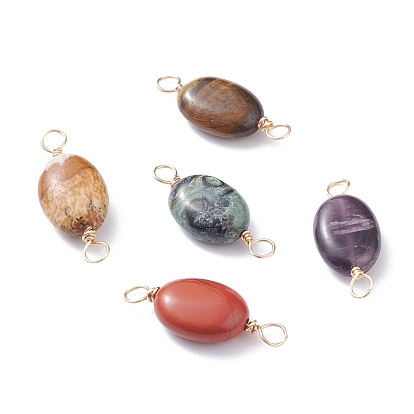 Natural Mixed Stone Links Connectors, with Real 18K Gold Plated Eco-Friendly Copper Wire, Oval
