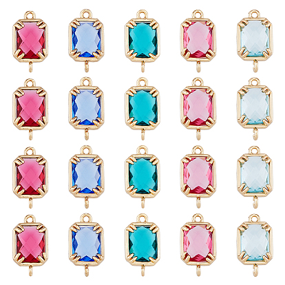 20шт 5 цвета латунные стеклянные соединительные подвески, прямоугольник ссылки, золотые, граненые