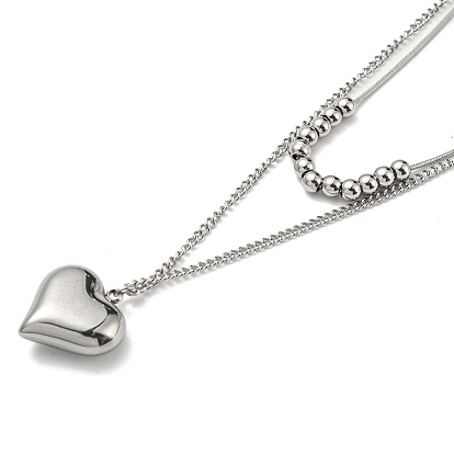 304 Stainless Steel Round Snake & Curb Chains Double Layer Necklaces, with Heart Pendant