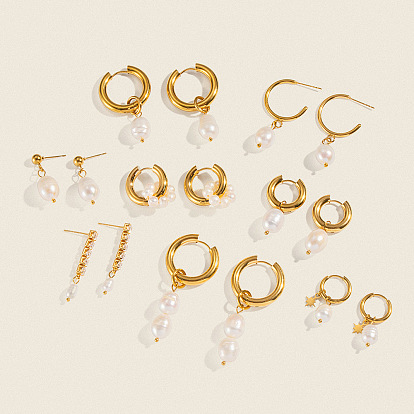 Крюк из нержавеющей стали серьги, с пресноводным жемчугом, золотые