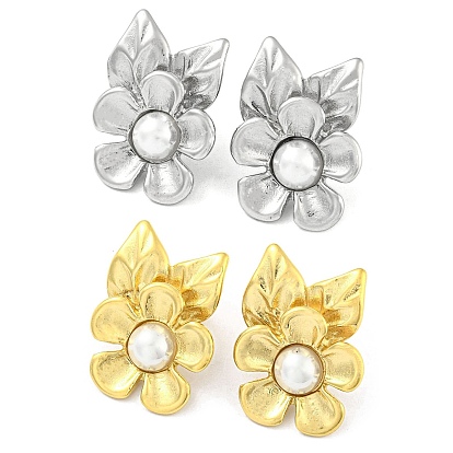 304 Stainless Steel Flower Stud Earrings, with ABS Plastic Pearl Beads