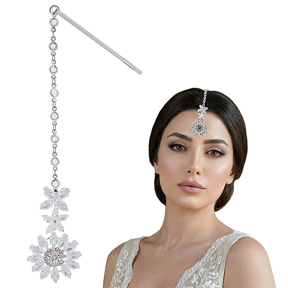 Horquillas de latón para el cabello con flores de diamantes de imitación de cristal y cadenas indias para la frente, tocado nupcial de circonita cúbica transparente