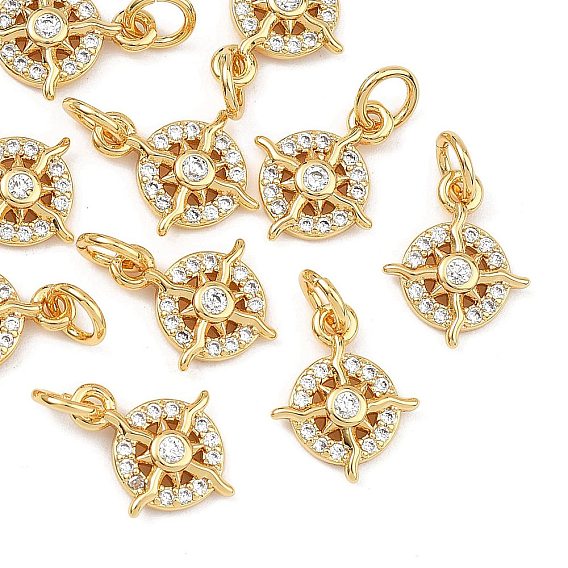 SHEGRACE Brass Micro Pave Cubic Zirconia Charms, Ring with Sun Charms, Cadmium Free & Lead Free & Nickel Free