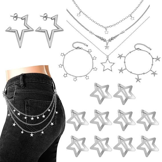 3шт. подвески в виде звезды из цинкового сплава, многослойные ожерелья для женщин, с 1парой сережек, 10шт. заколка для волос из сплава, 1цепочки на ремни и 2браслеты с подвесками