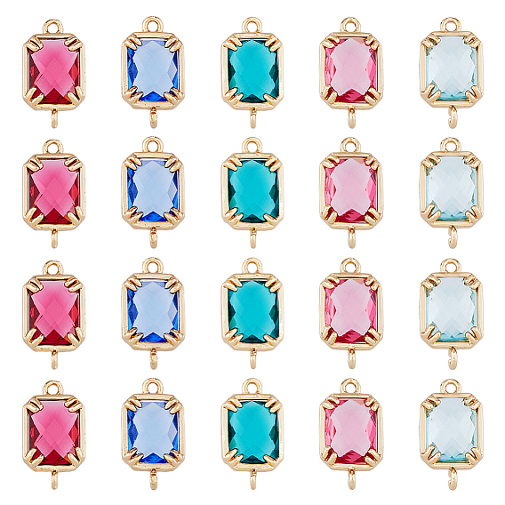 20шт 5 цвета латунные стеклянные соединительные подвески, прямоугольник ссылки, золотые, граненые