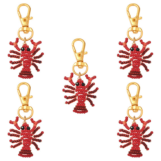 Crayfish Glass Seed Beads Pendant Decorations, with Alloy Swivel Lobster Claw Clasps