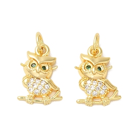 Rack Plating Brass Micro Pave Cubic Zirconia Pendants, with Jump Ring, Long-Lasting Plated, Lead Free & Cadmium Free, Owl Charm