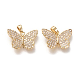 Brass Micro Pave Cubic Zirconia Pendants, Long-lasting Plated, Butterfly with Flower, Clear
