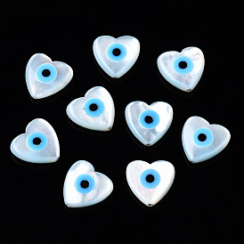 Natural White Shell Mother of Pearl Shell Beads, with Synthetic Turquoise, Heart with Evil Eye