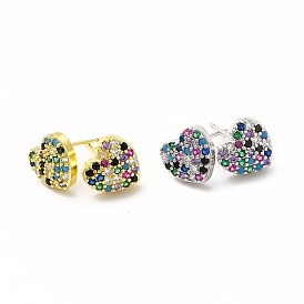 Rack Plating Brass Micro Pave Cubic Zirconia Stud Earrings for Women, Long-Lasting Plated, Lead Free & Cadmium Free, Heart