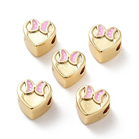 Heart with Bowknot Pattern Rack Plating Brass Enamel Beads, Cadmium Free & Lead Free, Long-Lasting Plated