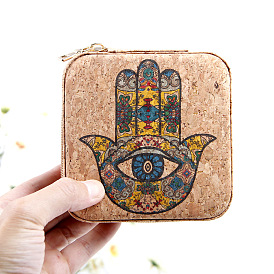 Portable Hamsa Hand Print Square Cork Wood Jewelry Packaging Zipper Box for Necklaces Earrings Storage