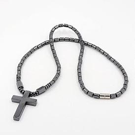 Fashionable Magnetic Synthetic Hematite Necklaces, with Brass Magnetic Clasps, Cross, 17.7 inch 