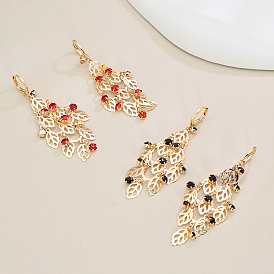 Серьги-кольца с кисточками в виде листьев из латуни, реальный 18 k позолоченный, со стразами