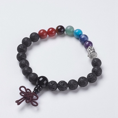 Chakra Jewelry, Natural Gemstone Buddha Stretch Bracelets, with Alloy Findings, Buddha Head